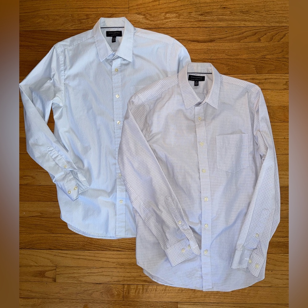 TWO Banana Republic Men's Dress Shirt Duo in White and Light Grey Check - Medium